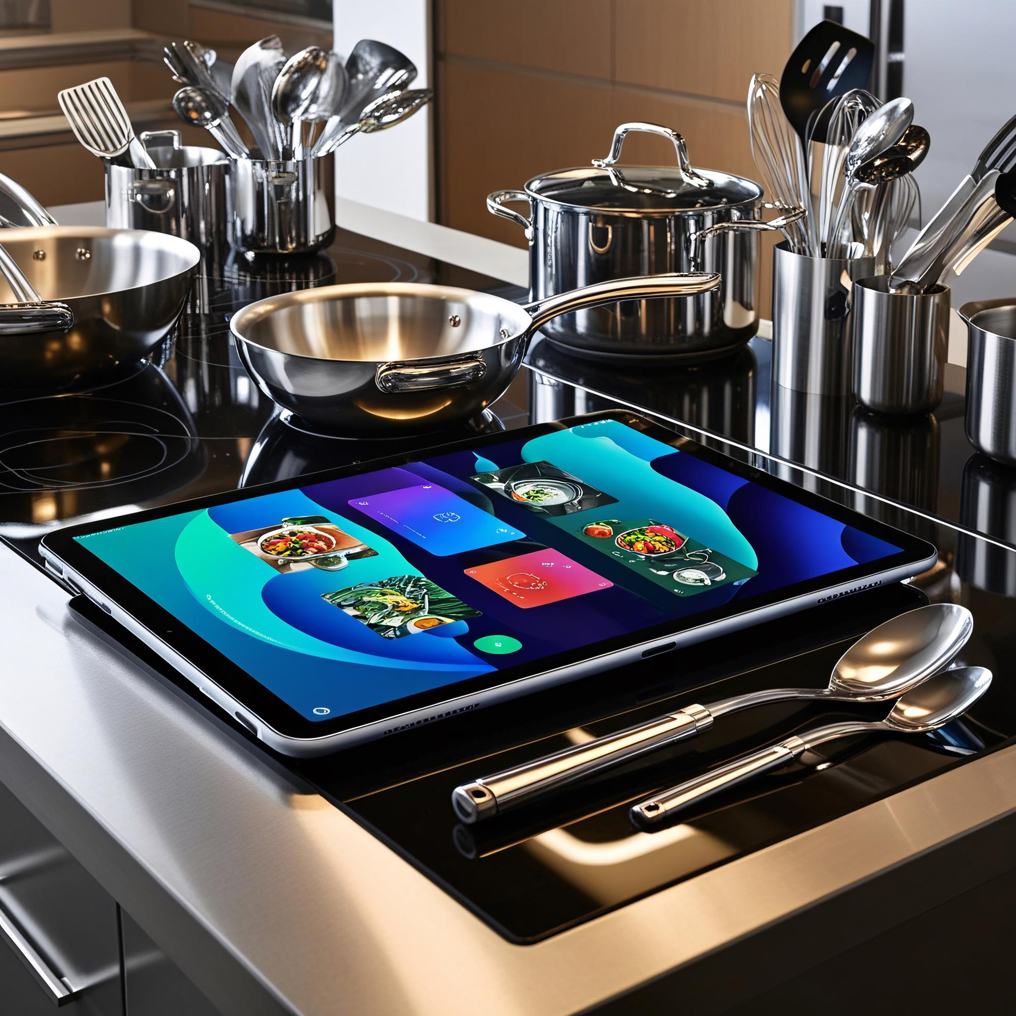 Modern kitchen workspace with utensils and tablet
